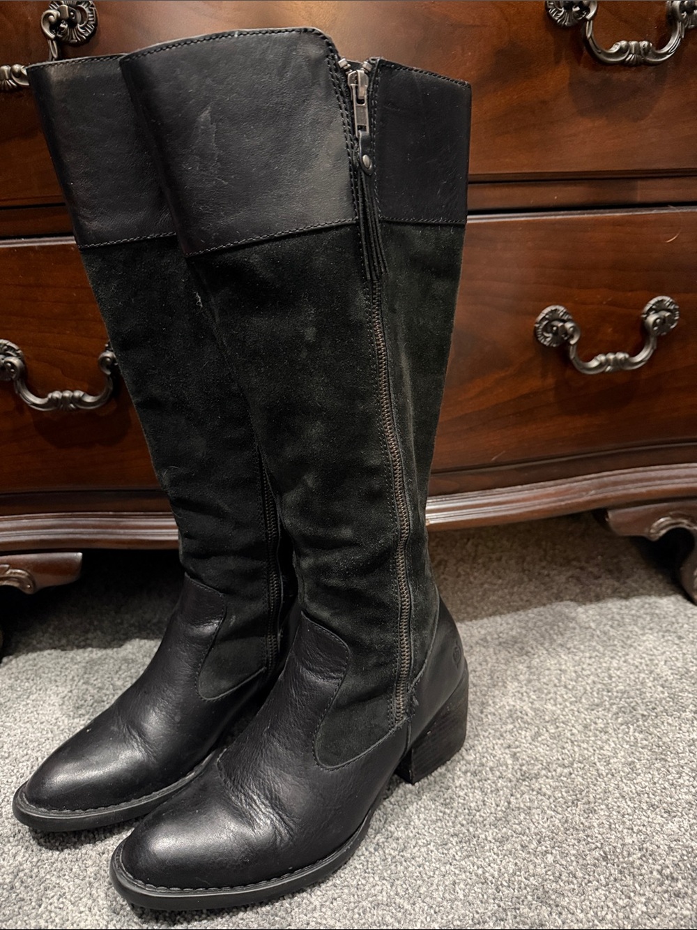 Born Black Leather and Suede Over-the-Knee Riding Boots. 7.5